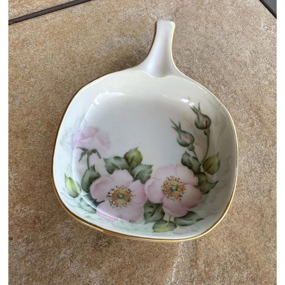 Vintage Artist Signed HELEN HALE Hand Painted Pink Flower Dish, 1960s, Gold Trim